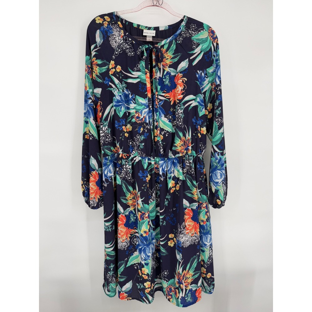 Ava Viv Sz 1X Navy Floral Tie Neck Long Sleeve Elastic Waist Midi Dress‎ Women's